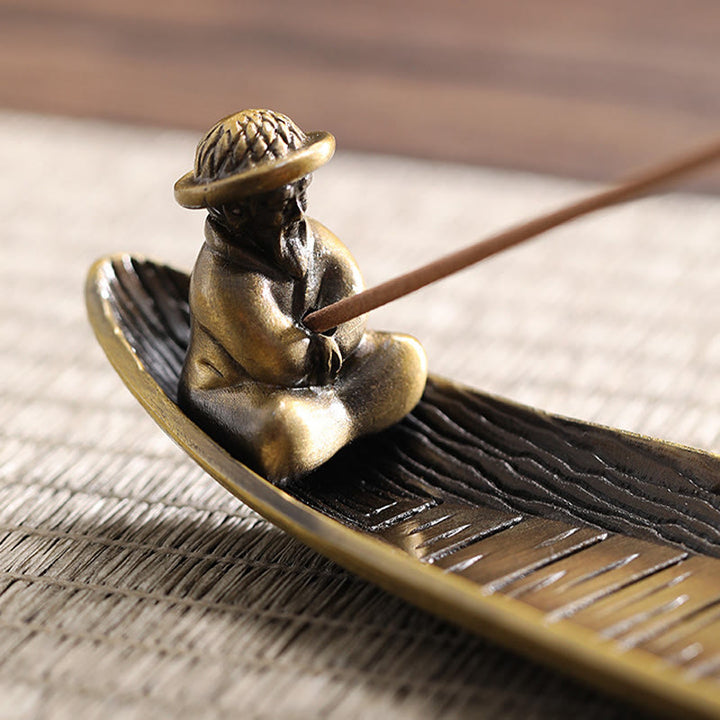 Porte-encens en alliage en forme de bateau de pêcheur en Buddha Stones , brûleur d'encens de guérison, décoration