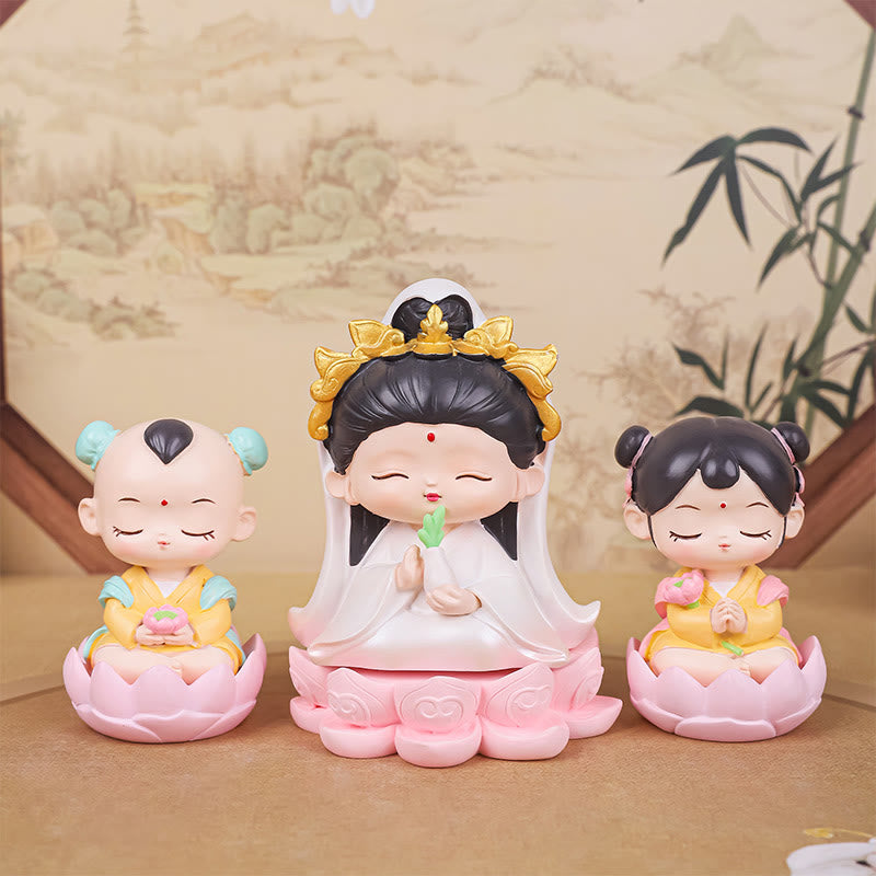 Buddha Stones Méditation Avalokitesvara Lotus Garçon Fille Statue Résine Harmonie Décoration de la Maison - image 1