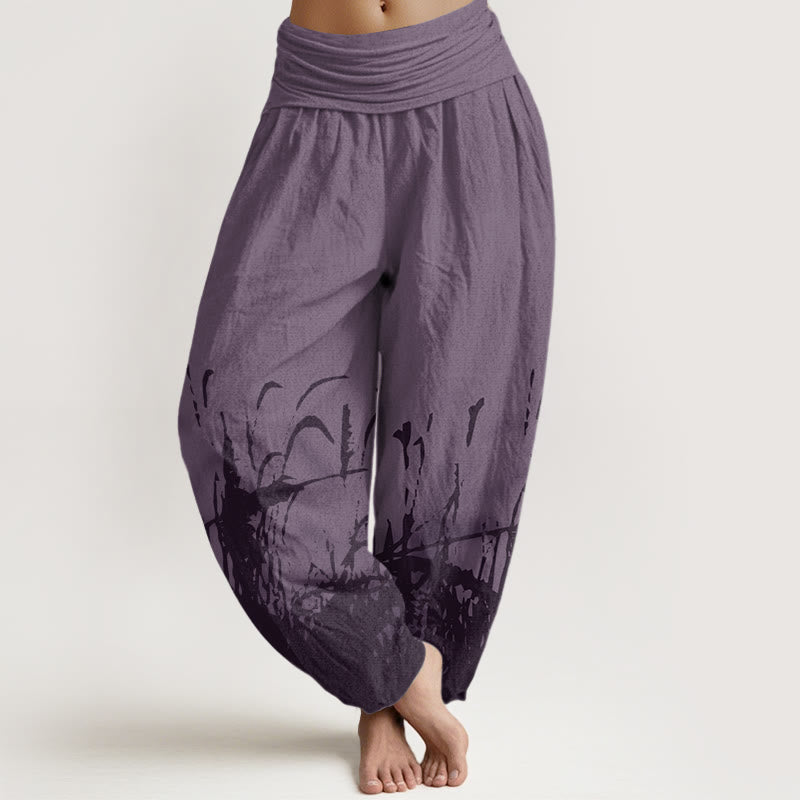 Pantalon sarouel à taille élastique pour femme avec motif d'herbe sauvage et Buddha Stones - Violet - US22，UK/AU26，EU54 (6XL) - image 7