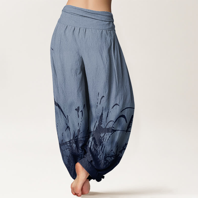 Pantalon harem à taille élastique pour femme, en coton à motif d'herbes sauvages et de Buddha Stones - image 6