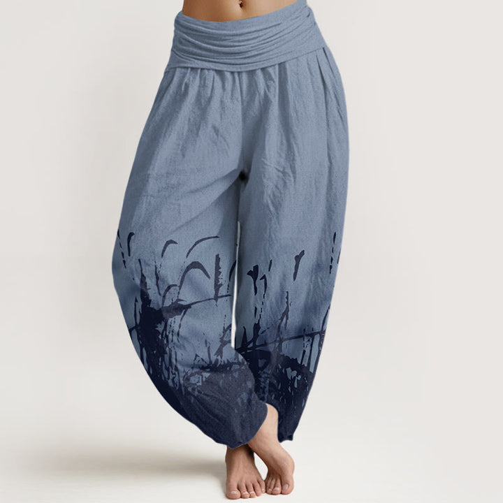 Pantalon sarouel à taille élastique pour femme avec motif d'herbe sauvage et Buddha Stones - Bleuet - US22，UK/AU26，EU54 (6XL) - image 4