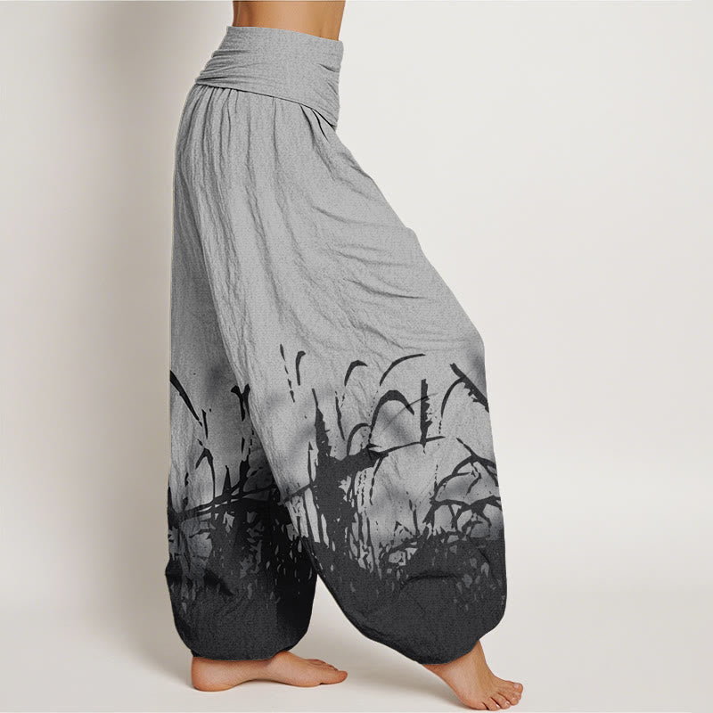Pantalon harem à taille élastique pour femme, en coton à motif d'herbes sauvages et de Buddha Stones - image 1