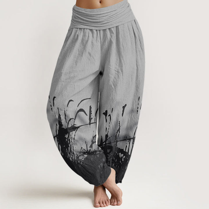 Pantalon harem à taille élastique pour femme, en coton à motif d'herbes sauvages et de Buddha Stones - Gris - US22，UK/AU26，EU54 (6XL) - image 0