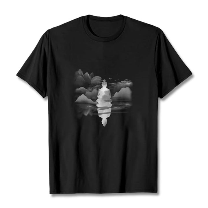 T-shirt en coton à motif Bouddha assis dans les montagnes Buddha Stones en méditation - Noir - 2XL - image 1