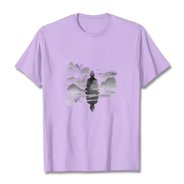 T-shirt en coton à motif Bouddha assis dans les montagnes Buddha Stones en méditation - Prune - 2XL - image 14