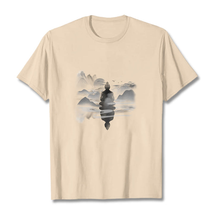 T-shirt en coton à motif Bouddha assis dans les montagnes Buddha Stones en méditation - Bisque - 2XL - image 17