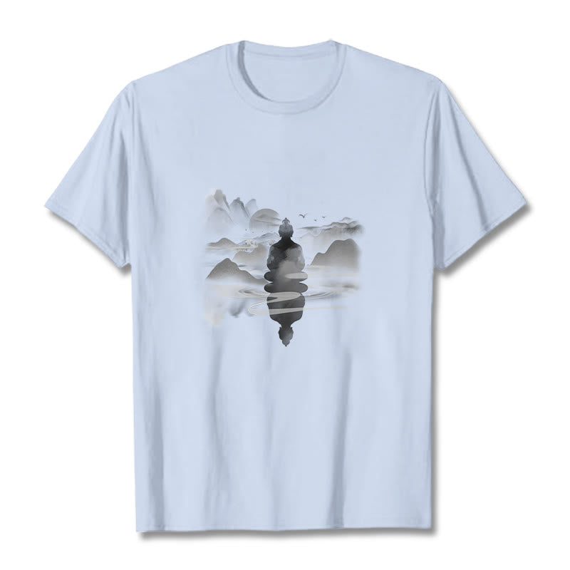 T-shirt en coton à motif Bouddha assis dans les montagnes Buddha Stones en méditation - Cyan clair - 2XL - image 19