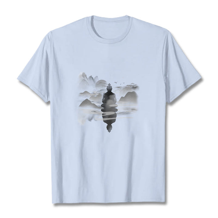T-shirt en coton à motif Bouddha assis dans les montagnes Buddha Stones en méditation - Cyan clair - 2XL - image 18