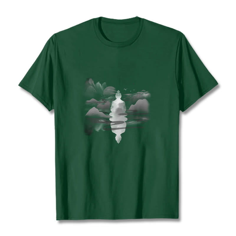 T-shirt en coton à motif Bouddha assis dans les montagnes Buddha Stones en méditation - Vert forêt - 2XL - image 11