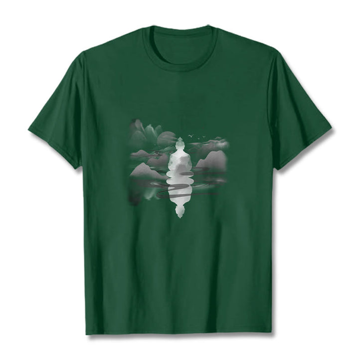 T-shirt en coton à motif Bouddha assis dans les montagnes Buddha Stones en méditation - Vert forêt - 2XL - image 11