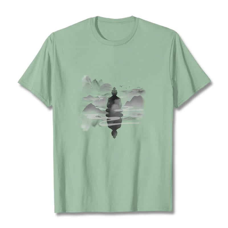 T-shirt en coton à motif Bouddha assis dans les montagnes Buddha Stones en méditation - Vert pâle - 2XL - image 13