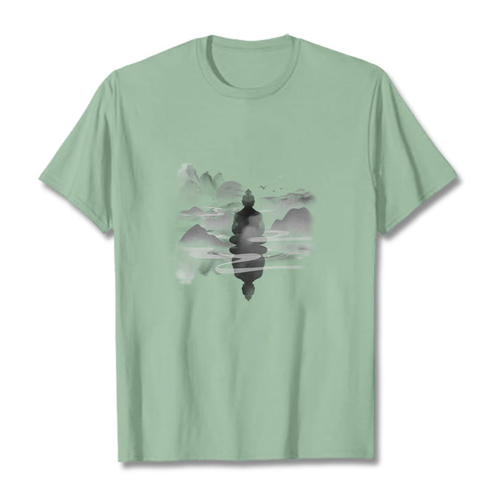 T-shirt en coton à motif Bouddha assis dans les montagnes Buddha Stones en méditation - Vert pâle - 2XL - image 13