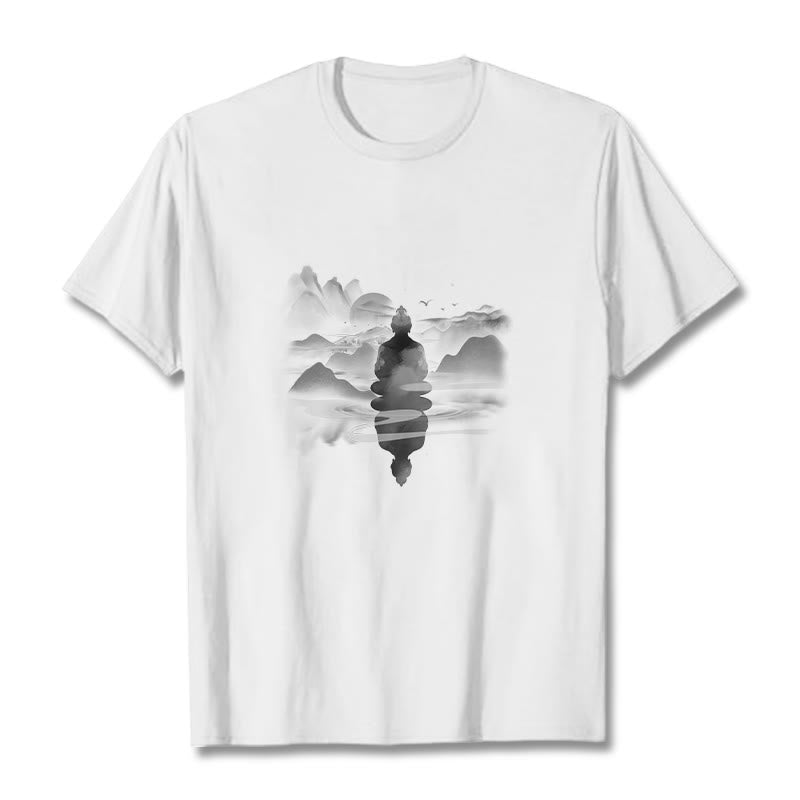 T-shirt en coton à motif Bouddha assis dans les montagnes Buddha Stones en méditation - Blanc - 2XL - image 5