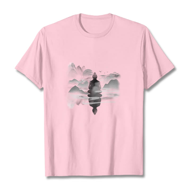T-shirt en coton à motif Bouddha assis dans les montagnes Buddha Stones en méditation - Rose clair - 2XL - image 9