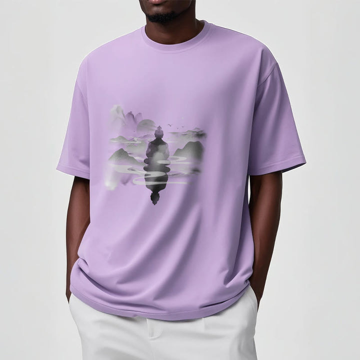 T-shirt en coton à motif Bouddha assis dans les montagnes Buddha Stones en méditation - image 16