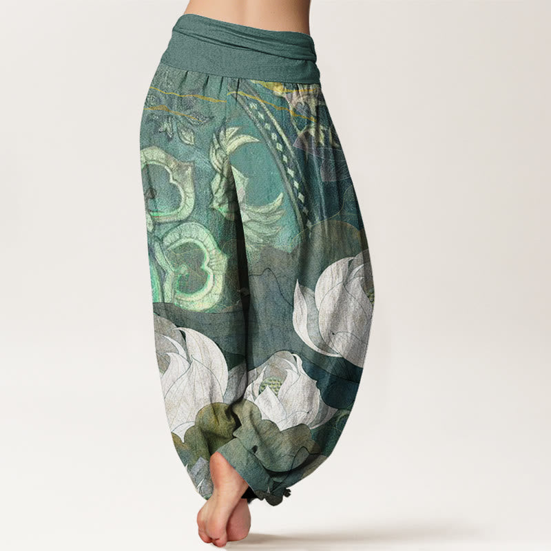 Pantalon harem décontracté pour femme, en coton blanc à motif de Buddha Stones , taille élastique - image 1