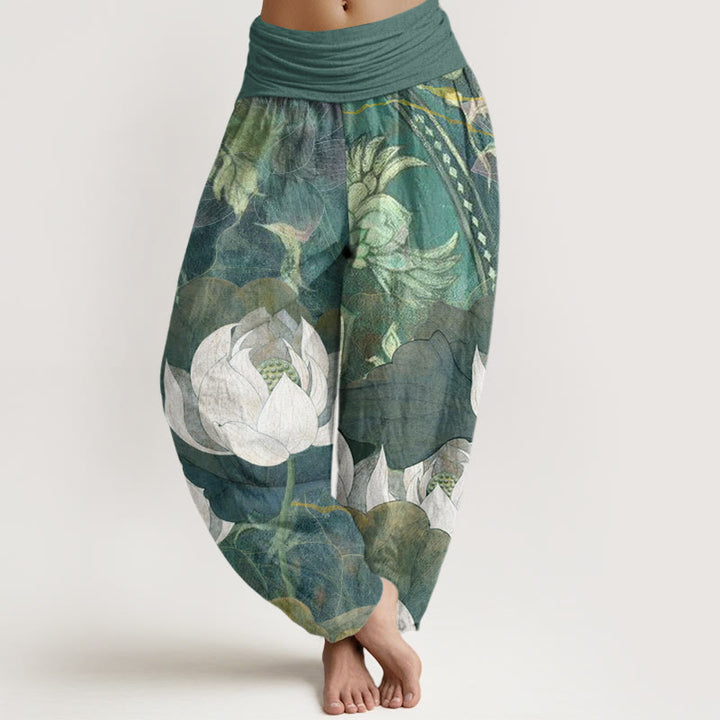 Pantalon harem décontracté pour femme, en coton blanc à motif de Buddha Stones , taille élastique - Vert d'eau - US22，UK/AU26，EU54 (6XL) - image 0