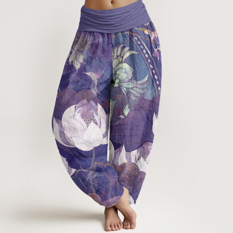 Pantalon harem décontracté pour femme, en coton blanc à motif de Buddha Stones , taille élastique - Violet moyen - US22，UK/AU26，EU54 (6XL) - image 7