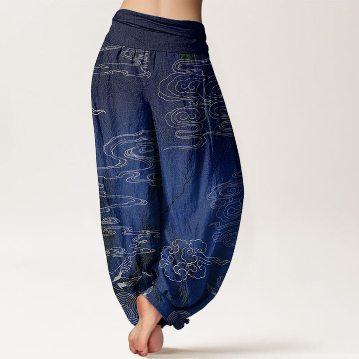 Pantalon sarouel à taille élastique pour femme Buddha Stones, nuages ​​blancs de bon augure, oiseaux et arbres - image 2