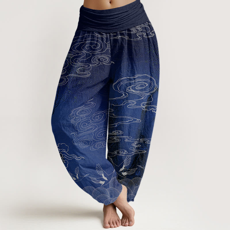 Pantalon sarouel à taille élastique pour femme Buddha Stones, nuages ​​blancs de bon augure, oiseaux et arbres - Bleu foncé - US22，UK/AU26，EU54 (6XL) - image 0