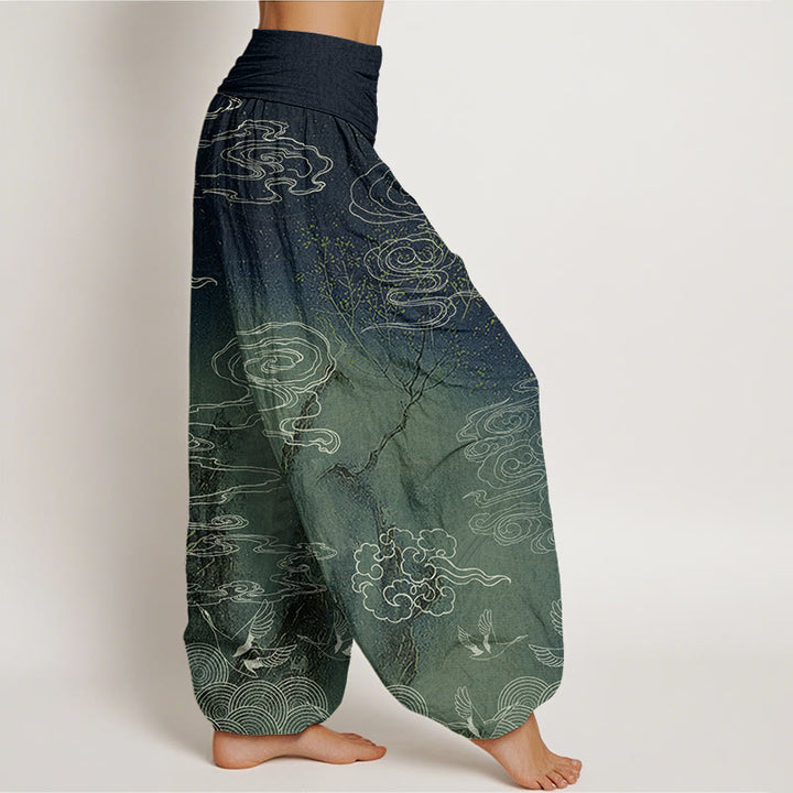 Pantalon sarouel à taille élastique pour femme Buddha Stones, nuages ​​blancs de bon augure, oiseaux et arbres - image 6