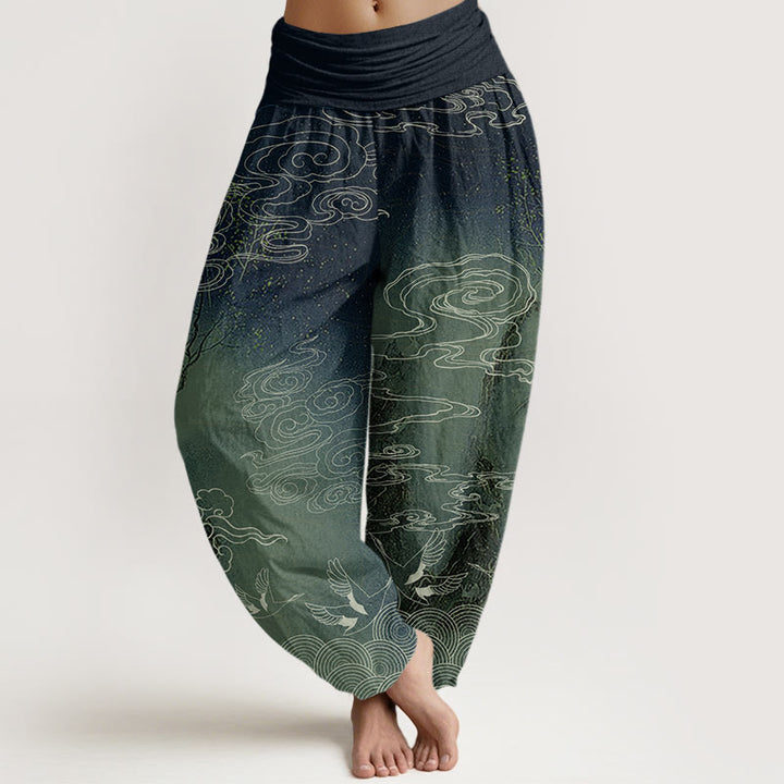 Pantalon sarouel à taille élastique pour femme Buddha Stones, nuages ​​blancs de bon augure, oiseaux et arbres - Vert foncé - US22，UK/AU26，EU54 (6XL) - image 5