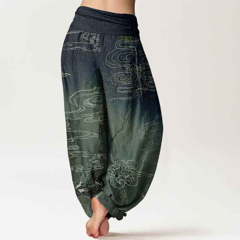 Pantalon sarouel à taille élastique pour femme Buddha Stones, nuages ​​blancs de bon augure, oiseaux et arbres - image 7