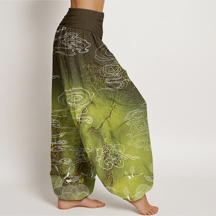 Pantalon sarouel à taille élastique pour femme Buddha Stones, nuages ​​blancs de bon augure, oiseaux et arbres - image 9