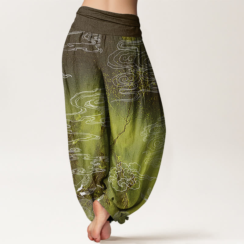 Pantalon sarouel à taille élastique pour femme Buddha Stones, nuages ​​blancs de bon augure, oiseaux et arbres - image 10
