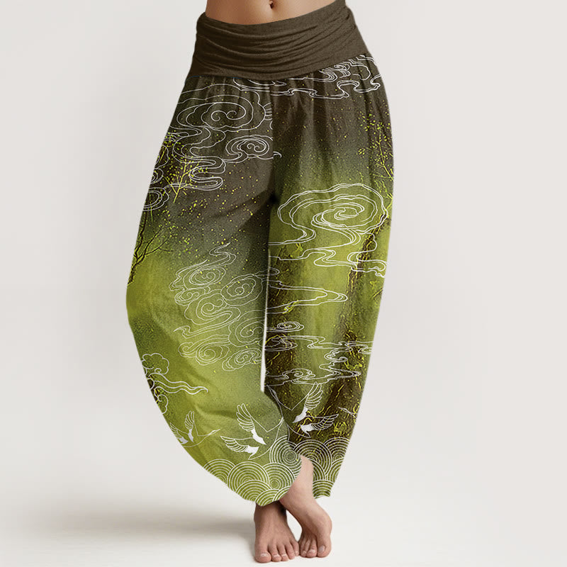 Pantalon sarouel à taille élastique pour femme Buddha Stones, nuages ​​blancs de bon augure, oiseaux et arbres - JauneVert - US22，UK/AU26，EU54 (6XL) - image 8