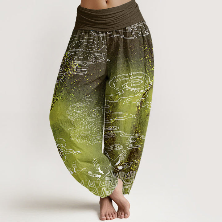 Pantalon sarouel à taille élastique pour femme Buddha Stones, nuages ​​blancs de bon augure, oiseaux et arbres - JauneVert - US22，UK/AU26，EU54 (6XL) - image 8