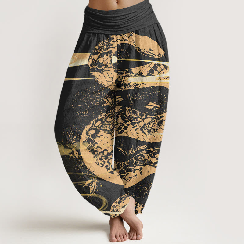 Pantalon harem à taille élastique pour femme, en coton, orné de Buddha Stones, de nuages ​​porte-bonheur et d'un motif serpent. - Noir - US22，UK/AU26，EU54 (6XL) - image 0