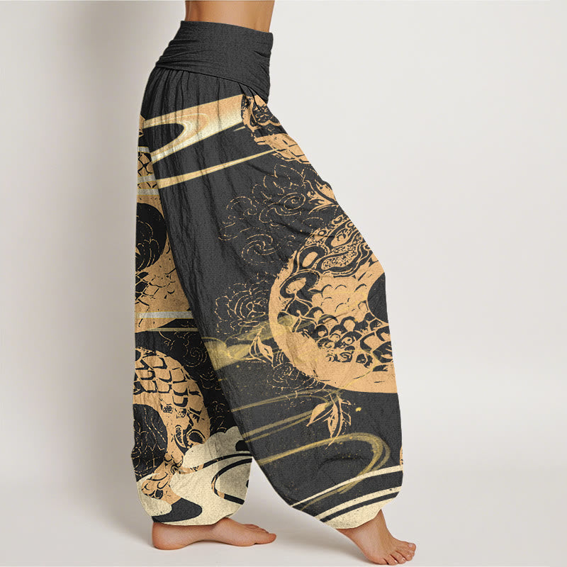 Pantalon harem à taille élastique pour femme, en coton, orné de Buddha Stones, de nuages ​​porte-bonheur et d'un motif serpent. - image 1