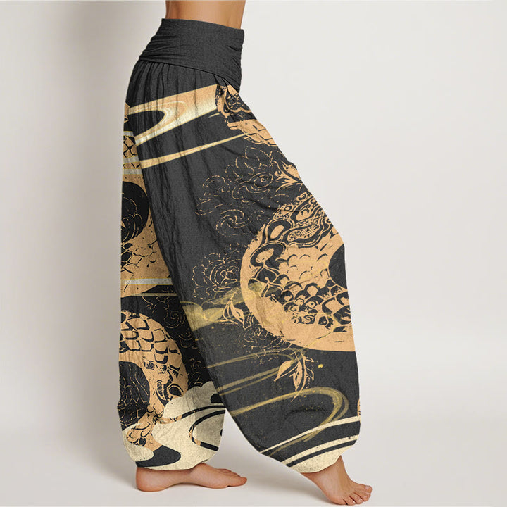 Pantalon harem à taille élastique pour femme, en coton, orné de Buddha Stones, de nuages ​​porte-bonheur et d'un motif serpent. - image 1