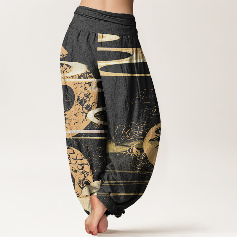 Pantalon harem à taille élastique pour femme, en coton, orné de Buddha Stones, de nuages ​​porte-bonheur et d'un motif serpent. - image 2