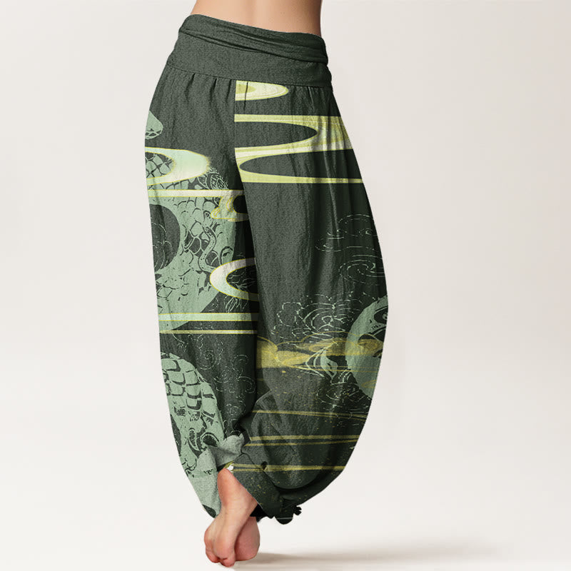 Pantalon harem à taille élastique pour femme, en coton, orné de Buddha Stones, de nuages ​​porte-bonheur et d'un motif serpent. - image 6