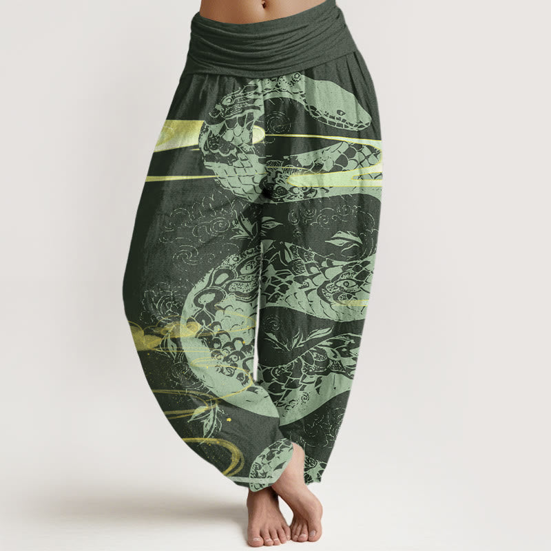 Pantalon harem à taille élastique pour femme, en coton, orné de Buddha Stones, de nuages ​​porte-bonheur et d'un motif serpent. - Vert forêt - US22，UK/AU26，EU54 (6XL) - image 4