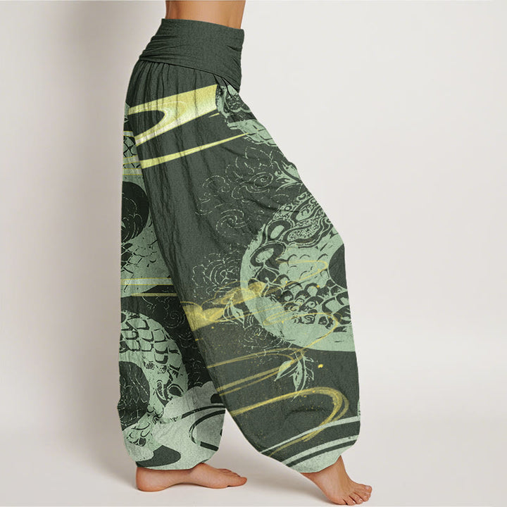 Pantalon harem à taille élastique pour femme, en coton, orné de Buddha Stones, de nuages ​​porte-bonheur et d'un motif serpent. - image 5