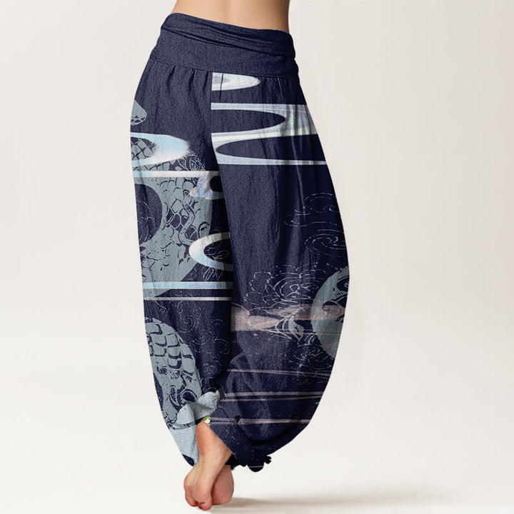 Pantalon harem à taille élastique pour femme, en coton, orné de Buddha Stones, de nuages ​​porte-bonheur et d'un motif serpent. - image 9