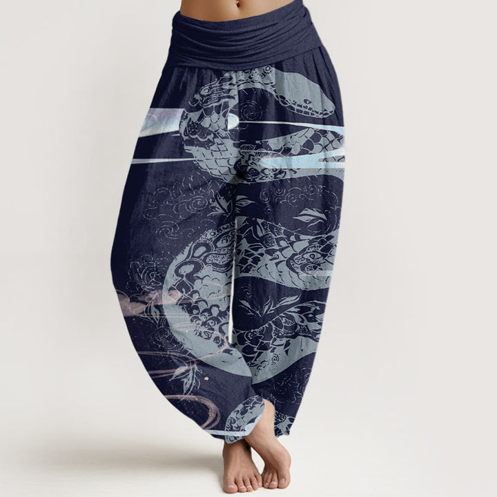 Pantalon harem à taille élastique pour femme, en coton, orné de Buddha Stones, de nuages ​​porte-bonheur et d'un motif serpent. - Bleu foncé - US22，UK/AU26，EU54 (6XL) - image 7