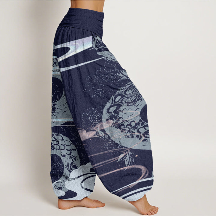 Pantalon harem à taille élastique pour femme, en coton, orné de Buddha Stones, de nuages ​​porte-bonheur et d'un motif serpent. - image 8