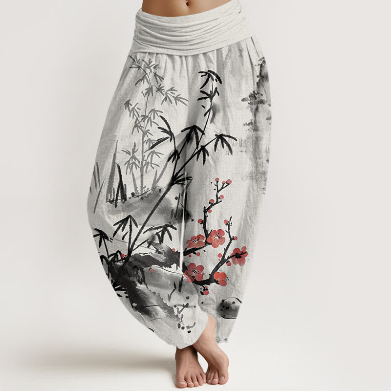Pantalon sarouel à taille élastique pour femme avec motif de Buddha Stones, de fleurs de prunier, d'orchidées en bambou et de chrysanthèmes - Gris clair - US22，UK/AU26，EU54 (6XL) - image 1