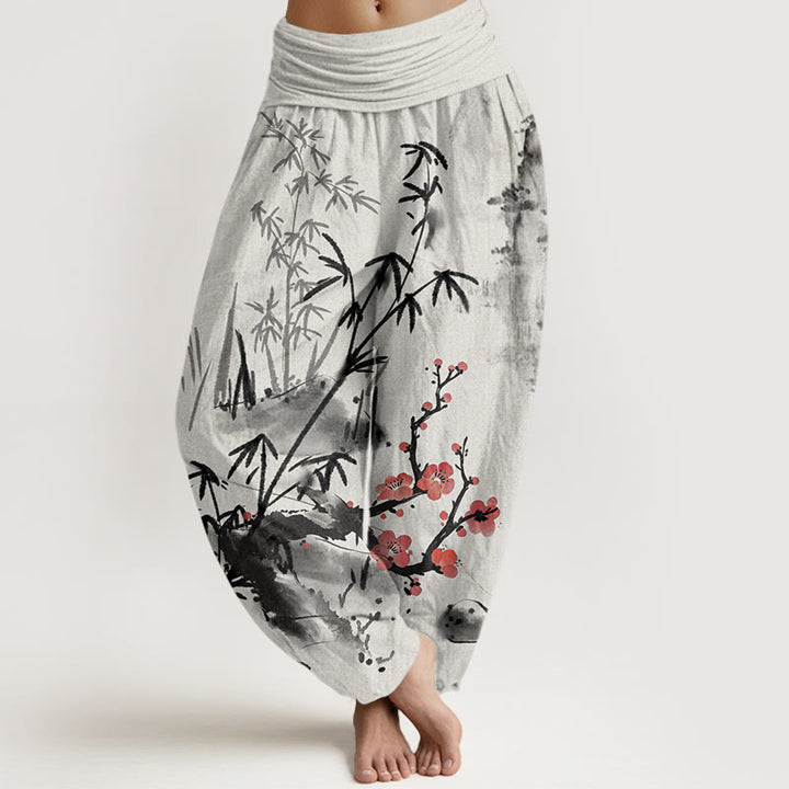 Pantalon sarouel à taille élastique pour femme avec motif de Buddha Stones, de fleurs de prunier, d'orchidées en bambou et de chrysanthèmes - Gris clair - US22，UK/AU26，EU54 (6XL) - image 1