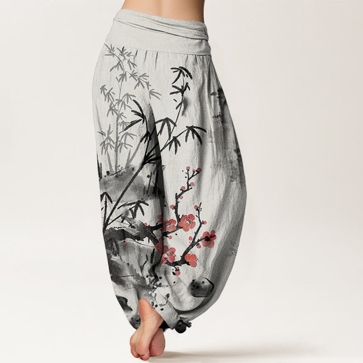 Pantalon sarouel à taille élastique pour femme avec motif de Buddha Stones, de fleurs de prunier, d'orchidées en bambou et de chrysanthèmes - image 3