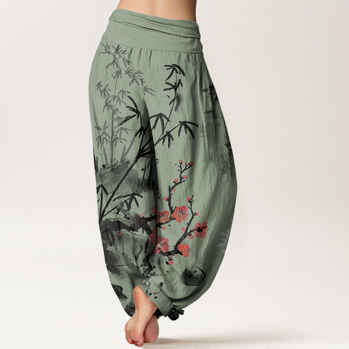 Pantalon harem à taille élastique pour femme , Buddha Stones, coton, fleurs de prunier, bambou, orchidées et chrysanthèmes - image 6
