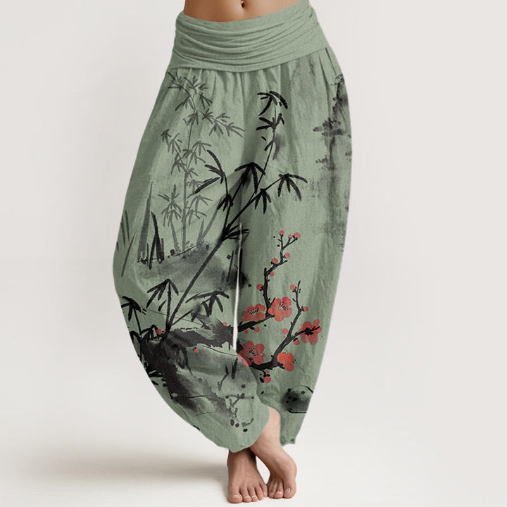 Pantalon sarouel à taille élastique pour femme avec motif de Buddha Stones, de fleurs de prunier, d'orchidées en bambou et de chrysanthèmes - Vert clair - US22，UK/AU26，EU54 (6XL) - image 5