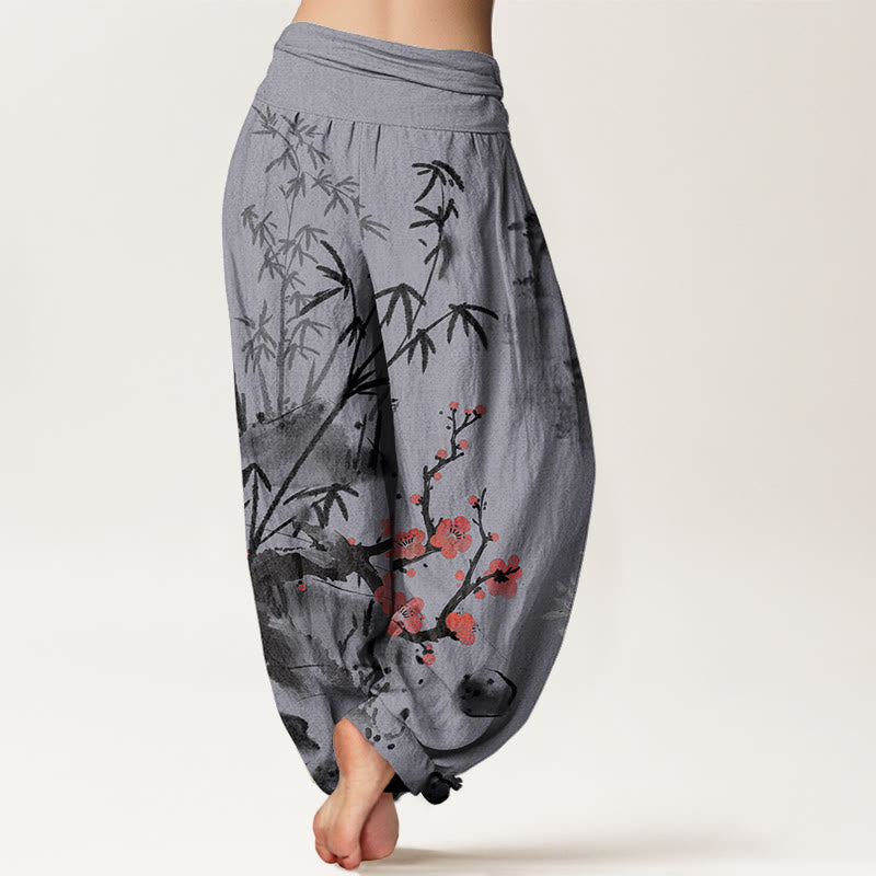 Pantalon sarouel à taille élastique pour femme avec motif de Buddha Stones, de fleurs de prunier, d'orchidées en bambou et de chrysanthèmes - image 10
