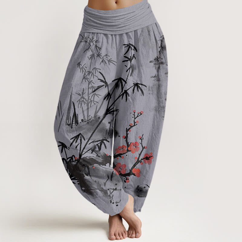 Pantalon sarouel à taille élastique pour femme avec motif de Buddha Stones, de fleurs de prunier, d'orchidées en bambou et de chrysanthèmes - Violet moyen - US22，UK/AU26，EU54 (6XL) - image 8
