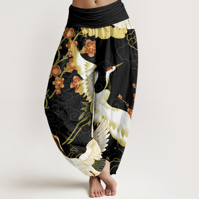 Pantalon harem à taille élastique pour femme, motif Buddha Stones, grues en coton, fleurs et nuages ​​de bon augure - Noir - US22，UK/AU26，EU54 (6XL) - image 0