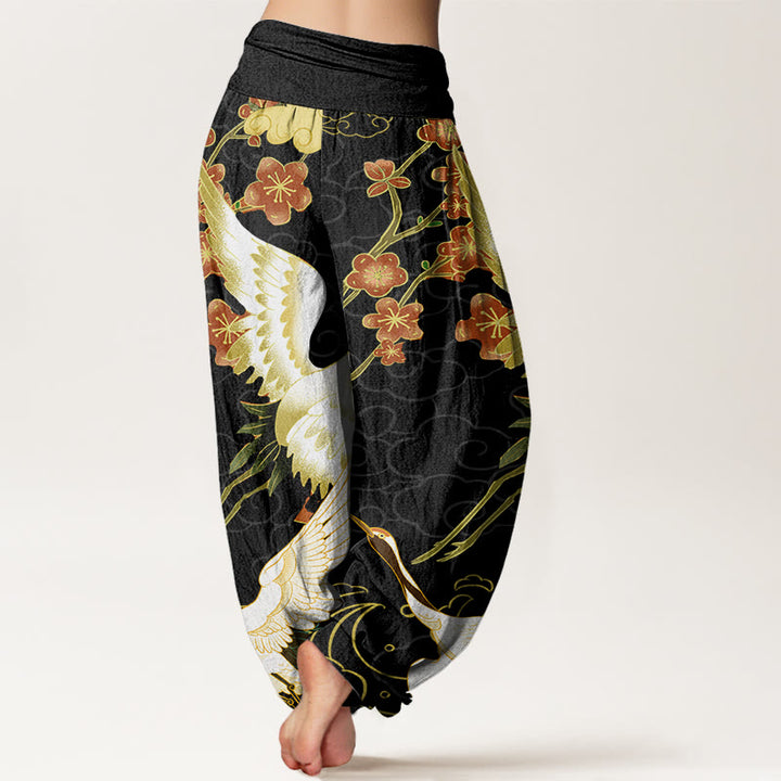 Pantalon harem à taille élastique pour femme, motif Buddha Stones, grues en coton, fleurs et nuages ​​de bon augure - image 2